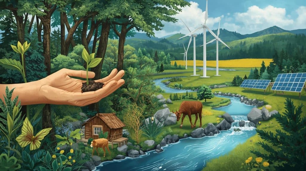 Illustration of a hand holding a young plant overlooking forests, a river, wildlife, wind turbines, and solar panels, representing key definitions under the Environment Protection Act related to environmental conservation and sustainable development.