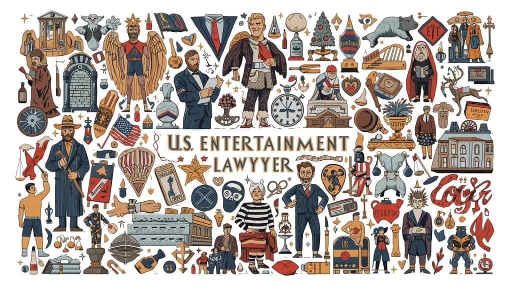 Colorful illustration showing various symbols of the U.S. entertainment industry and legal professionals, representing how much does an entertainment lawyer make and the different roles within entertainment law practice.