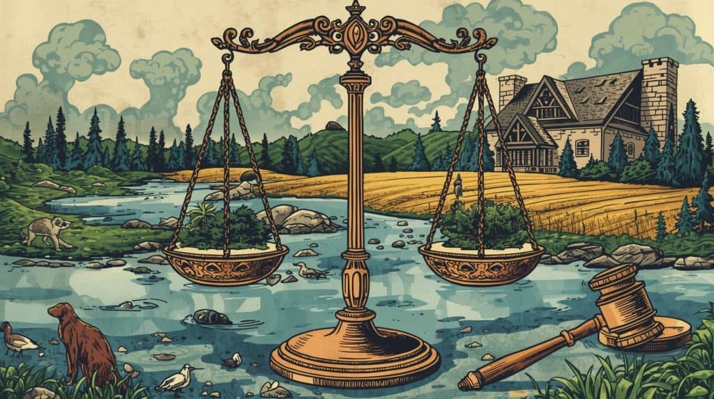 Illustration of a balance scale and judge’s gavel beside a river, farmland, and home, symbolizing penalties and offenses under the Environment Protection Act related to environmental harm and legal enforcement.