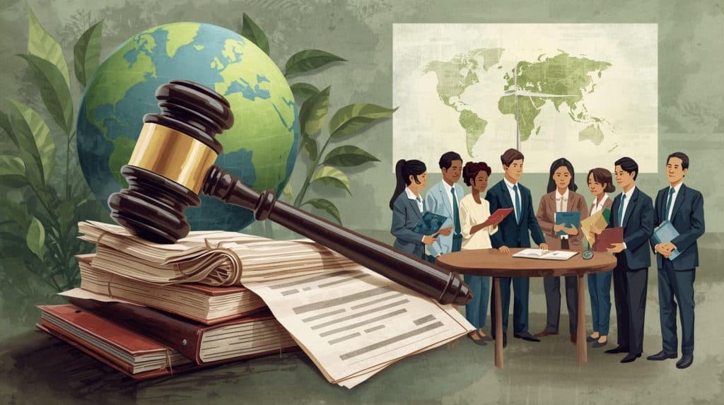Illustration of a judge’s gavel on legal documents beside a globe, with professionals reviewing papers, representing what does an environmental lawyer do in handling environmental regulations, compliance issues, and environmental litigation cases.