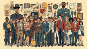 Illustration for violation of civil rights examples, with a diverse group and civic case symbols.