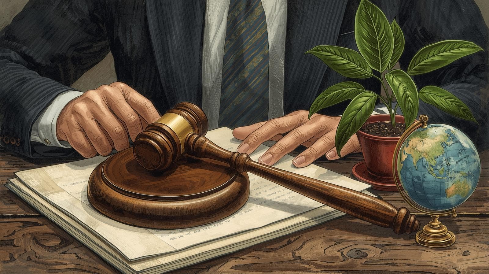 Illustration of a lawyer reviewing legal documents beside a judge’s gavel, a globe, and a potted plant, representing what does an environmental lawyer do in advising clients on environmental compliance, regulations, and sustainability-related legal matters.