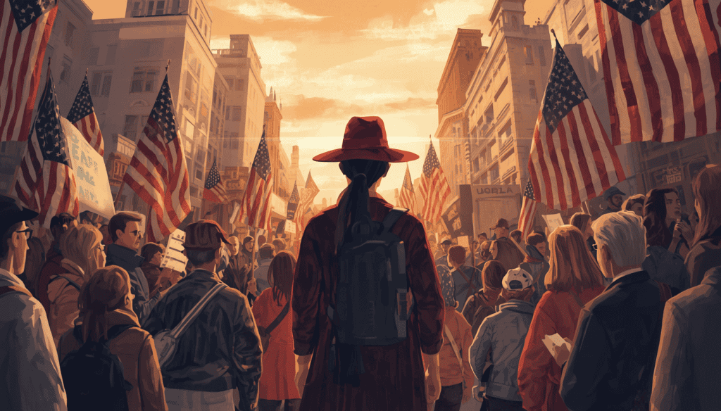 What Is Not Always a Civil Rights Violation People march with signs and American flags at sunset for an article on violation of civil rights.