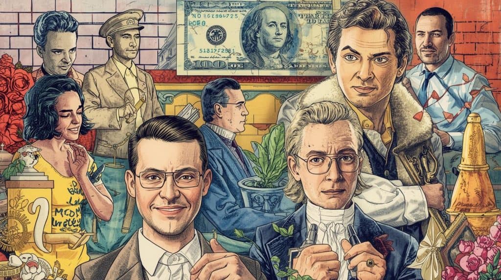 Group of entertainment lawyers and industry professionals surrounded by creative elements and symbols of wealth, illustrating how much does an entertainment lawyer make and the value of legal work in the entertainment industry.