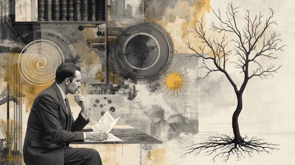 Illustration of a professional reviewing legal documents beside industrial symbols and a barren tree, representing situations under the Environment Protection Act when individuals or businesses should consult an environmental lawyer.