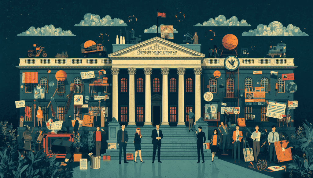 When to File a Government Complaint Before or Alongside Finding a Lawyer Illustration of a government office covered with complaint forms, signs, and people on the steps.