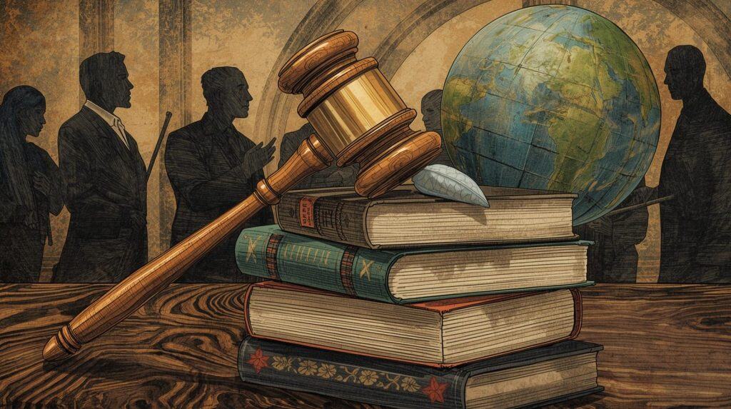 Illustration of a judge’s gavel resting on stacked law books beside a globe, with silhouettes of professionals in the background, representing what does an environmental lawyer do in handling environmental regulations, legal disputes, and global compliance matters.