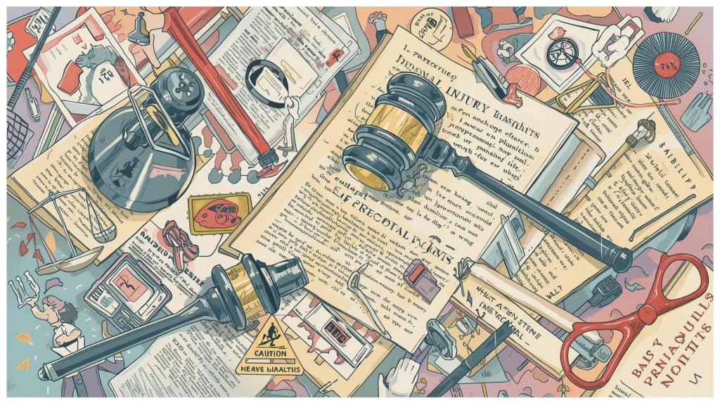 Illustration of legal documents, gavels, scales of justice, and scattered items symbolizing court proceedings and compensation, representing the complexity of personal injury liability cases.