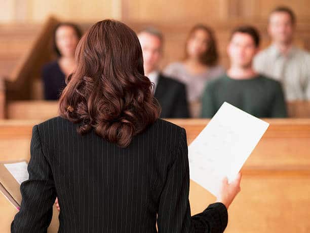 A female lawyer speaking in court, depicted with her back to the camera, while a group of people listens attentively in the foreground.