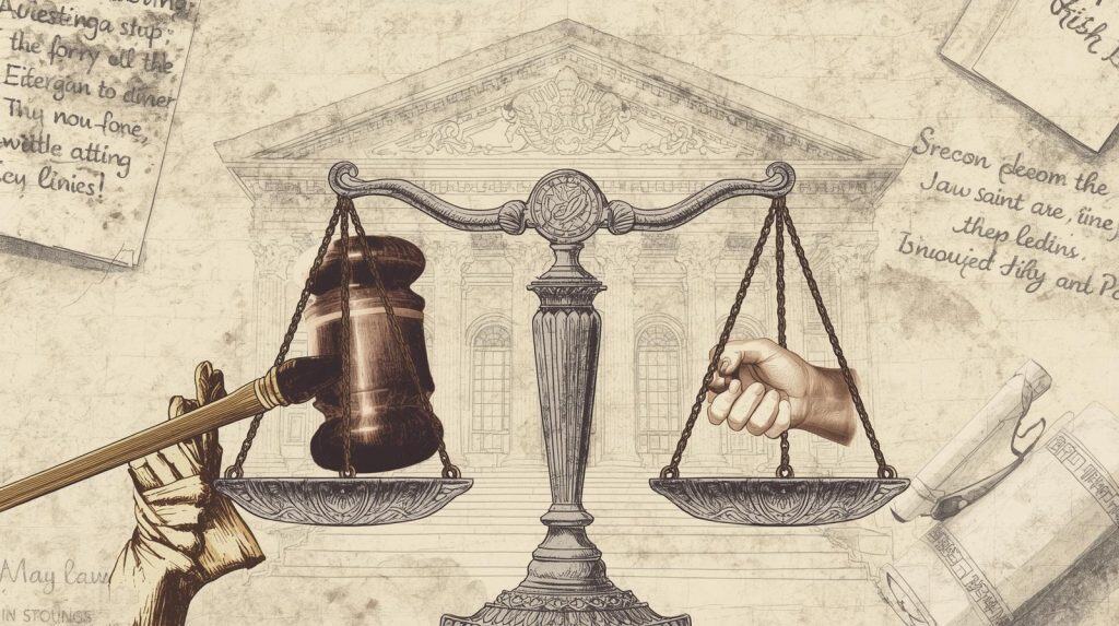Illustration of a courtroom balance scale, with a gavel on one side and a clenched fist on the other, symbolizing justice and accountability in personal injury liability cases.