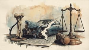 Illustration showing personal injury examples with a crashed car, broken bone model, gavel, and scales of justice symbolizing legal consequences and case outcomes.