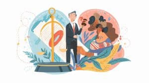 An illustration showing a personal injury lawyer consulting a client beside scales of justice, symbolizing legal support and compensation cases, representing how much does a personal injury lawyer make in the US.