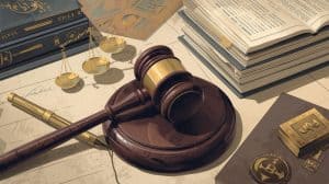 Home 3 A close-up illustration of a judge’s gavel resting on a wooden desk beside stacks of legal books, golden scales of justice, and legal documents, symbolizing personal injury liability and the legal process involved in civil cases.