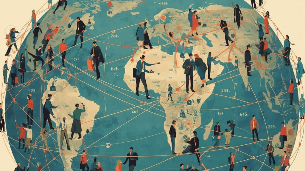 Global connections and professionals representing different legal fields with lines linking countries, symbolizing international reach and collaboration — what is a family lawyer.”