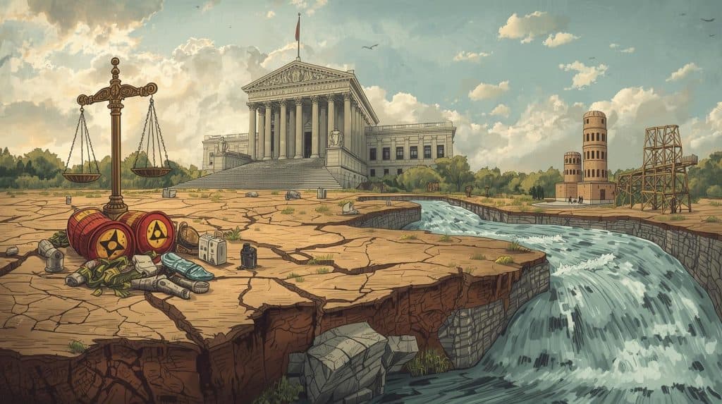 Comprehensive Guide: Personal Injury Examples and Legal Outcomes 3 Scales of justice placed on cracked dry land beside barrels of toxic waste, symbolizing environmental damage and legal responsibility. A grand courthouse stands in the background with a flowing river nearby, representing legal accountability for toxic exposure and environmental harm.