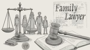 Illustration showing the role and importance of a family law attorney, featuring a balanced scale, gavel, and family figures symbolizing justice and legal guidance — what is family law attorney.