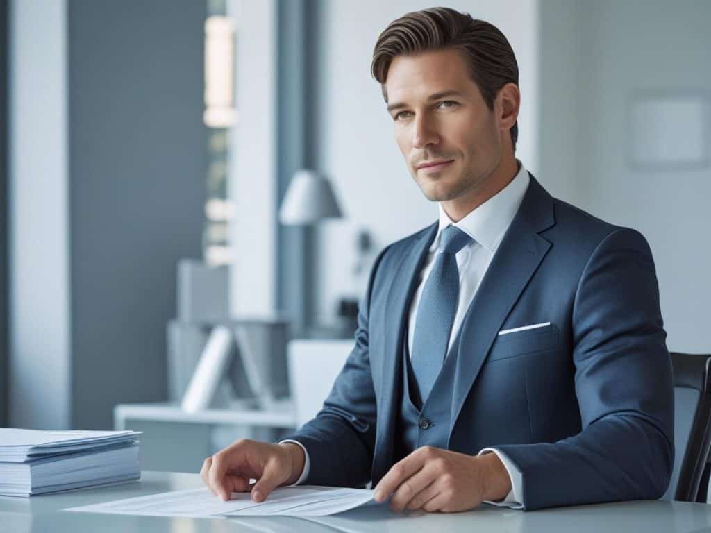 Criminal Lawyer Salary: What You Can Expect to Earn 1 Professional man in a blue suit working at a desk, symbolizing the polished image and earning potential tied to a criminal lawyer salary.