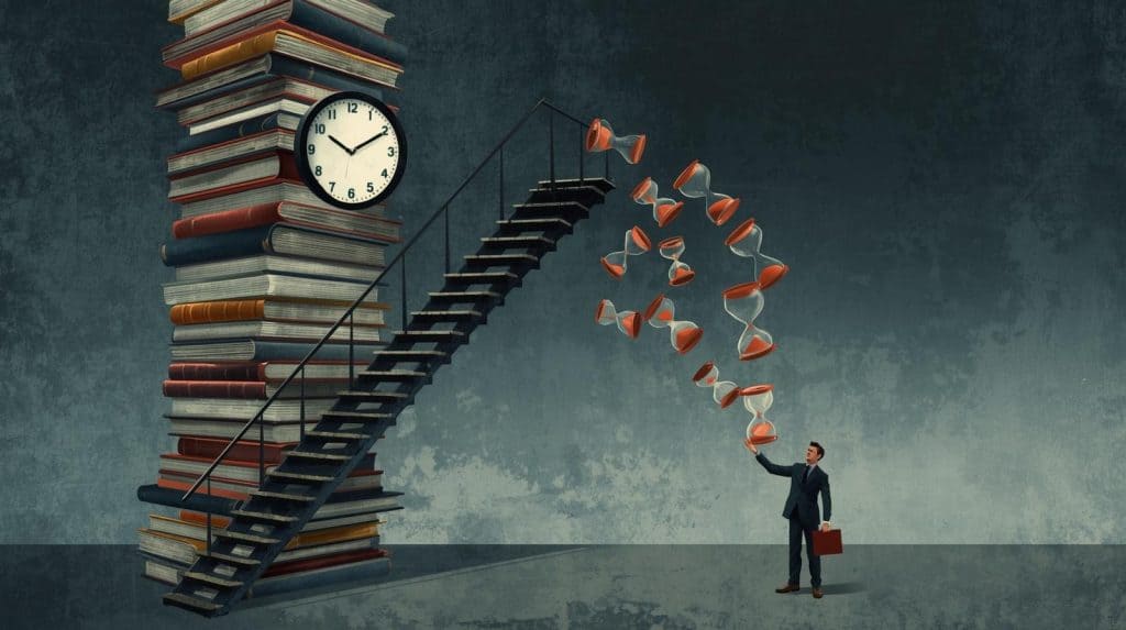 Staircase beside a tall stack of books and a clock, with a man reaching for hourglasses, representing how long you have to be in school to be a lawyer.