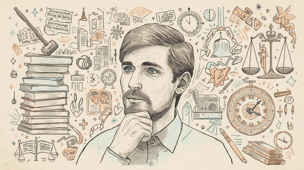 Man surrounded by books, clocks, and legal symbols, representing how long it takes to become a lawyer.