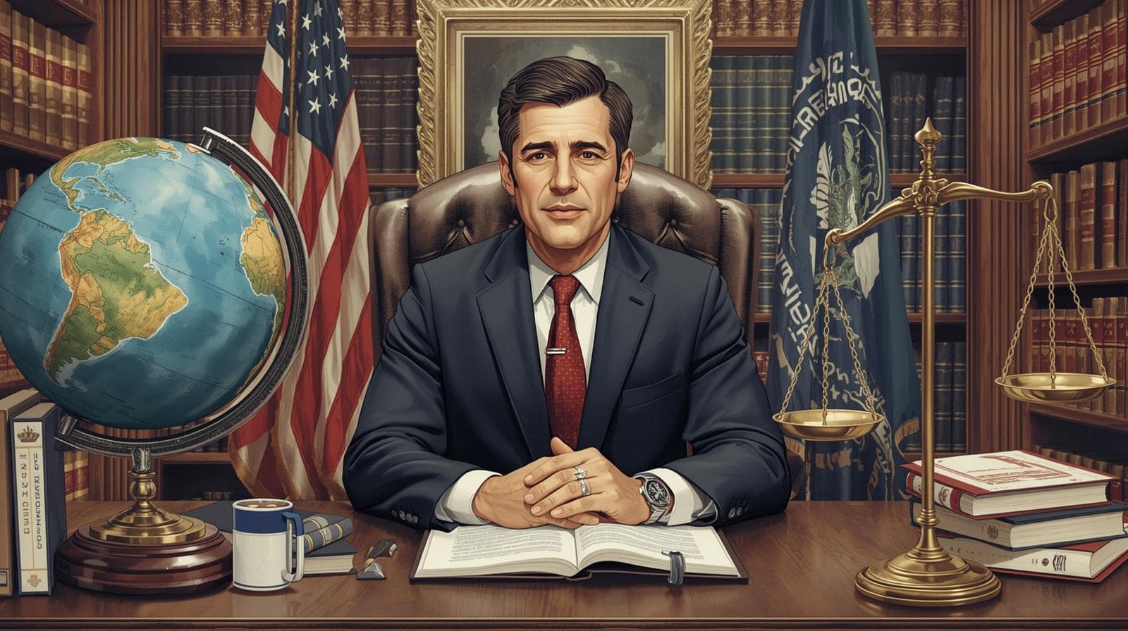 Professional international lawyer sitting in an office with a globe, law books, and scales of justice, representing global legal practice and the topic How Much Does an International Lawyer Make in the US? A Complete Salary Guide.