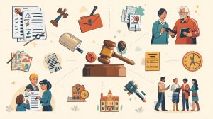 Home 2 Illustration showing legal documents, gavels, and people consulting about inheritance matters, symbolizing the process of how to do a succession in Louisiana without a lawyer.