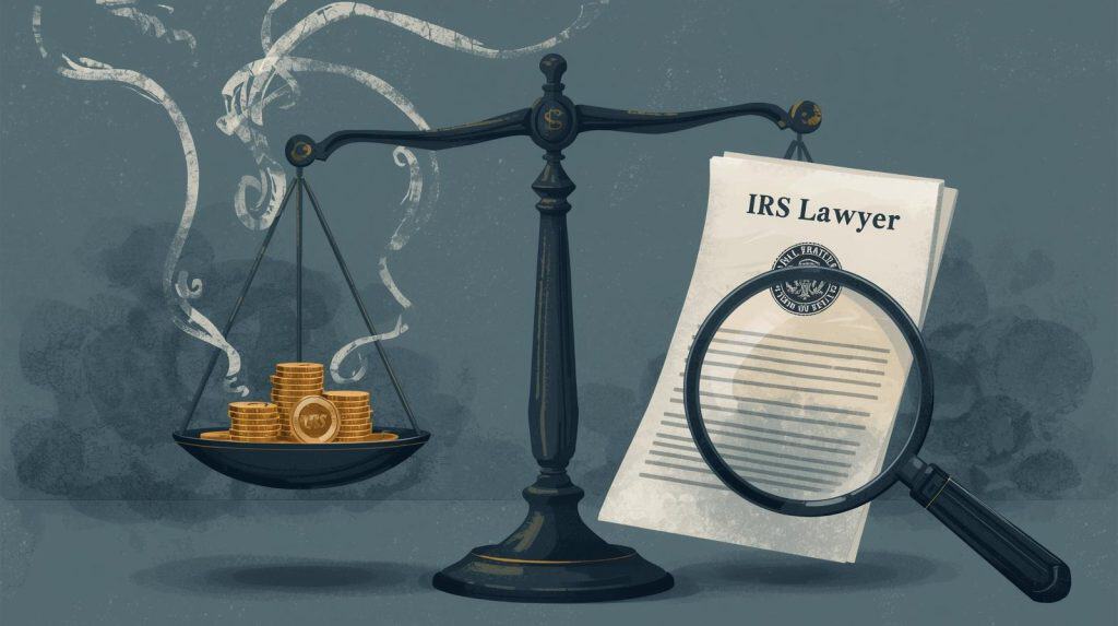 Scale balancing coins against IRS lawyer paperwork under a magnifying glass, representing how much an IRS lawyer costs.