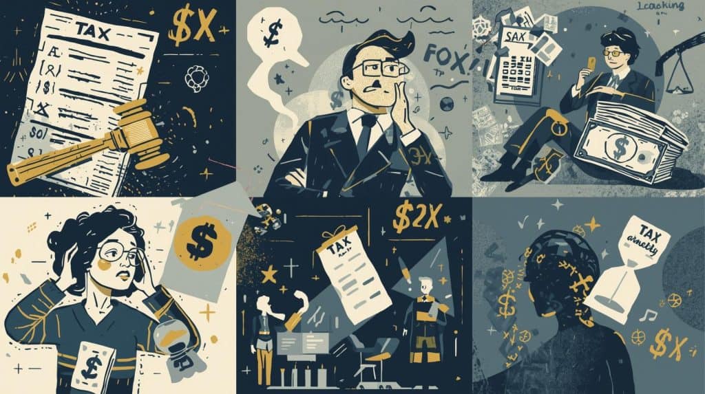 Collage of tax documents, money, legal symbols, and worried clients, representing how much does an IRS lawyer costs for different tax problems.