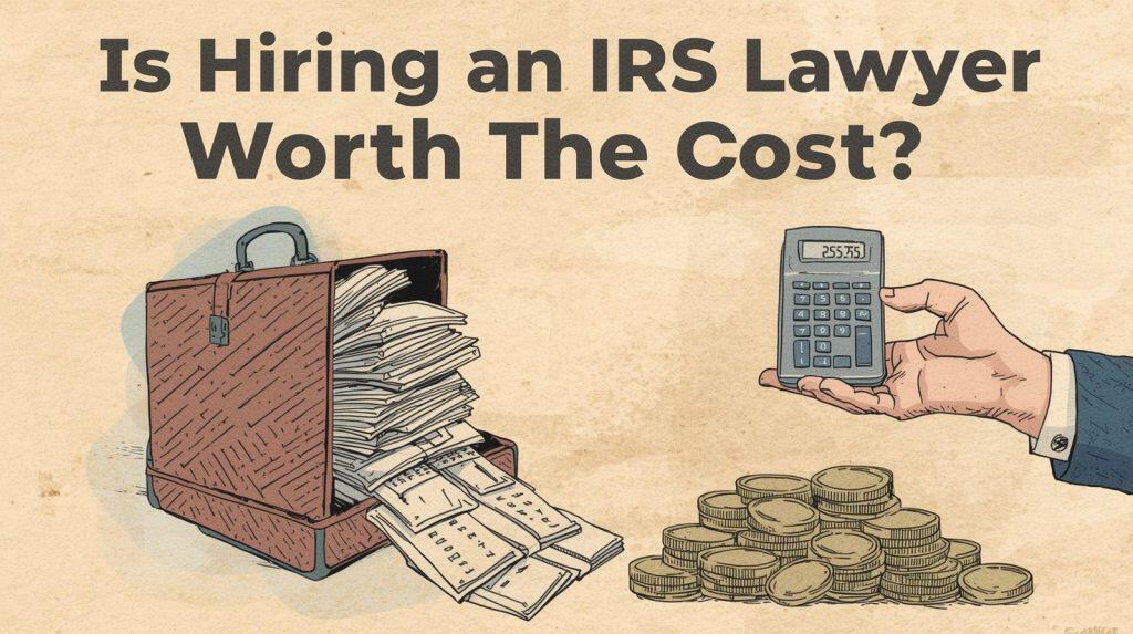 Text reading “Is Hiring an IRS Lawyer Worth The Cost?” above a briefcase of tax papers, a calculator, and coins, about how much an IRS lawyer costs.
