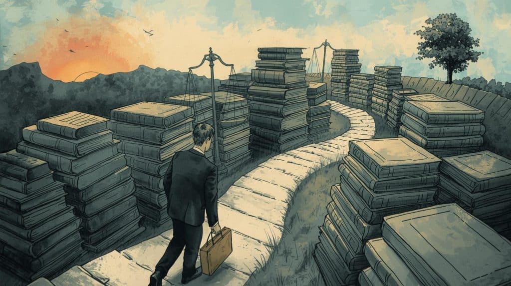 Illustration of a future lawyer walking a long path through stacks of law books, representing how long you have to be in school to be a lawyer.