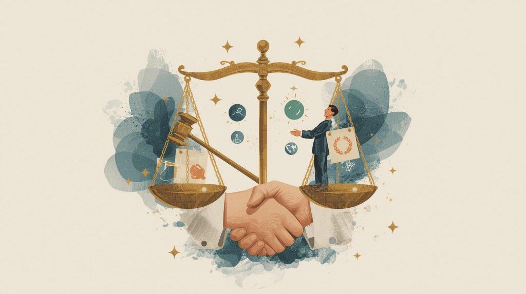 Handshake under balanced scales and a gavel, representing how a car accident lawyer negotiates a fair settlement for the injured client.