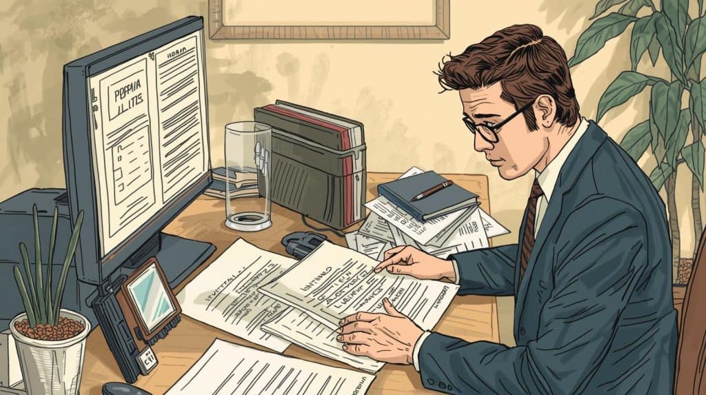 Immigration lawyer reviewing visa forms and case documents at a desk, showing what does an immigration lawyer do.
