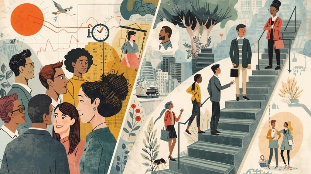 Modern illustration of diverse professionals collaborating and advancing in their legal careers, reflecting recruiting, training, and career progression in white shoe law firms.