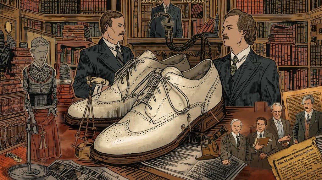 Classic illustration of lawyers in a traditional library with white oxford shoes, symbolizing the heritage and prestige of what is a white shoe law firm.