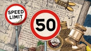 What is the basic speed law illustrated with speed limit signs, legal documents, and a judge’s gavel.