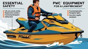Illustration of a man operating a yellow PWC wearing a visible life vest, with registration numbers, navigation lights, and safety gear highlighted as equipment law enforcement requires to be visible.