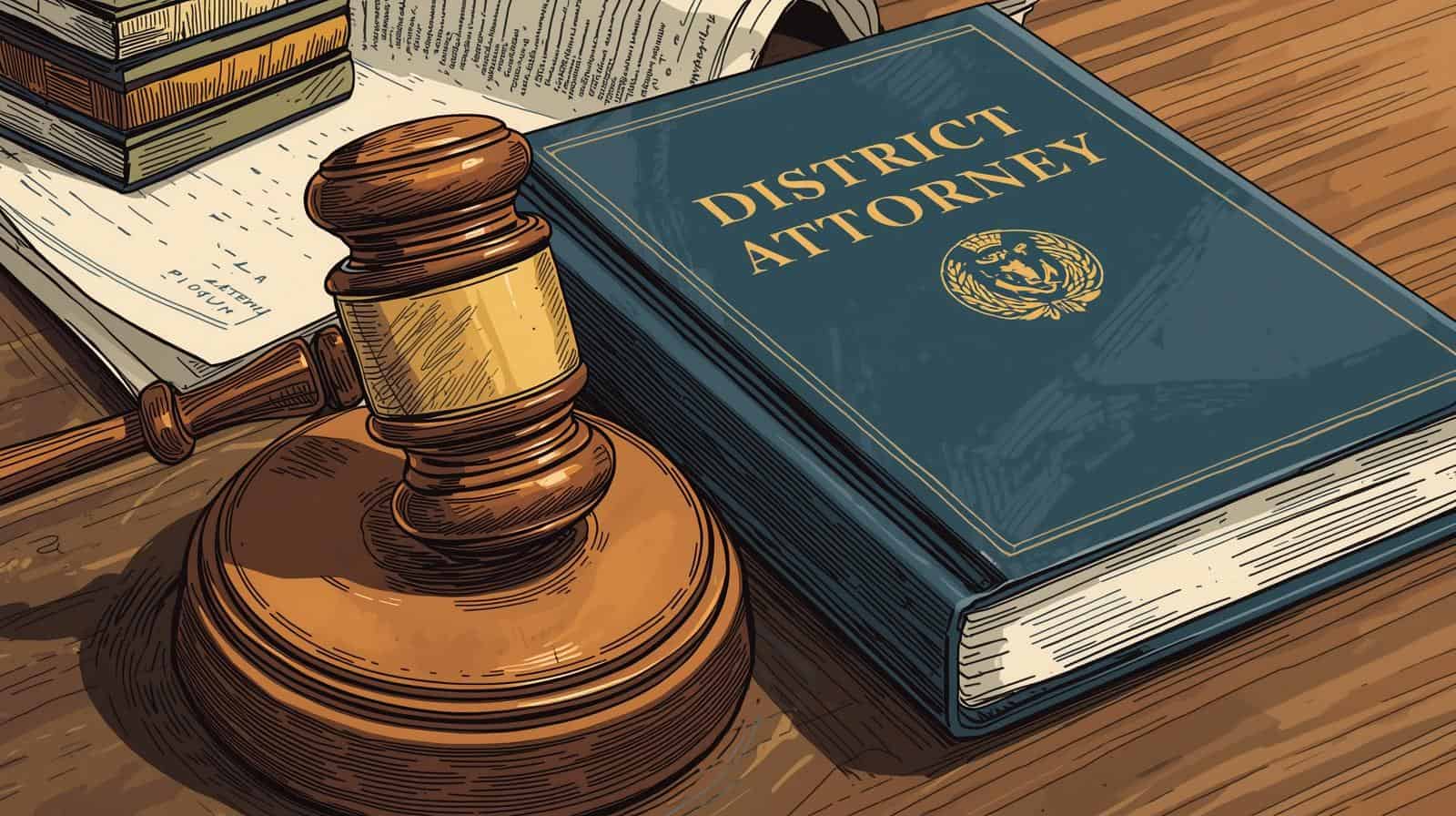 Close-up illustration of a gavel and a District Attorney law book on a wooden desk, symbolizing the moment when does a district attorney get involved in criminal cases.