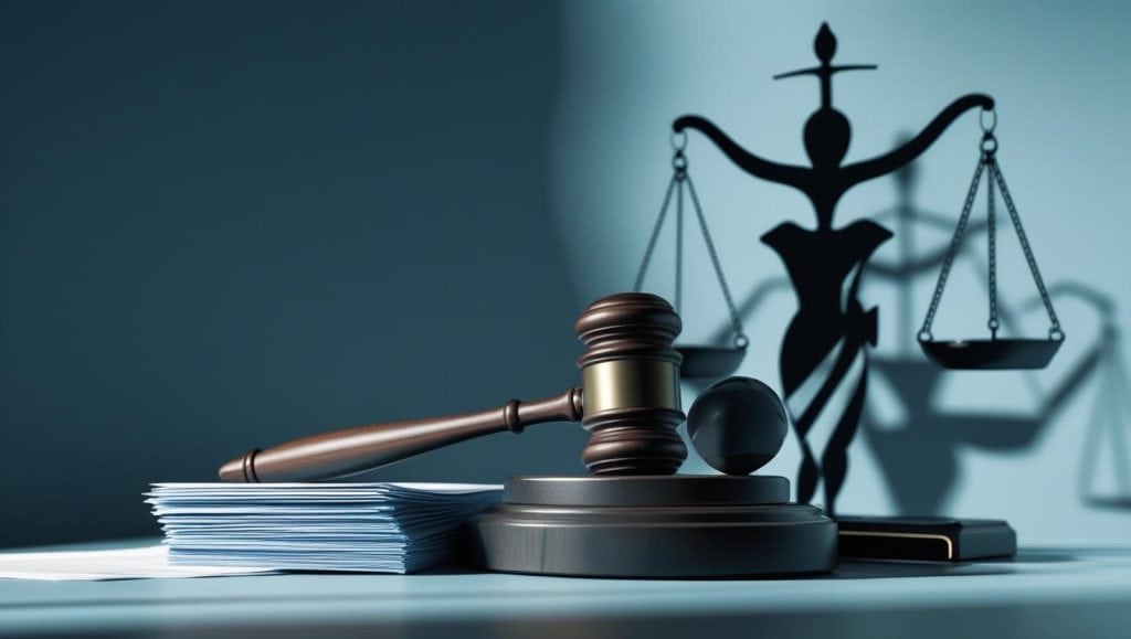Judge’s gavel on legal documents with Lady Justice shadow in the background, symbolizing conflicts of interest in law and ethics.