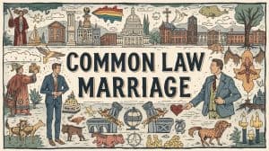Illustration depicting common law marriage in Delaware with symbolic legal imagery, courthouse buildings, and balanced scales of justice.