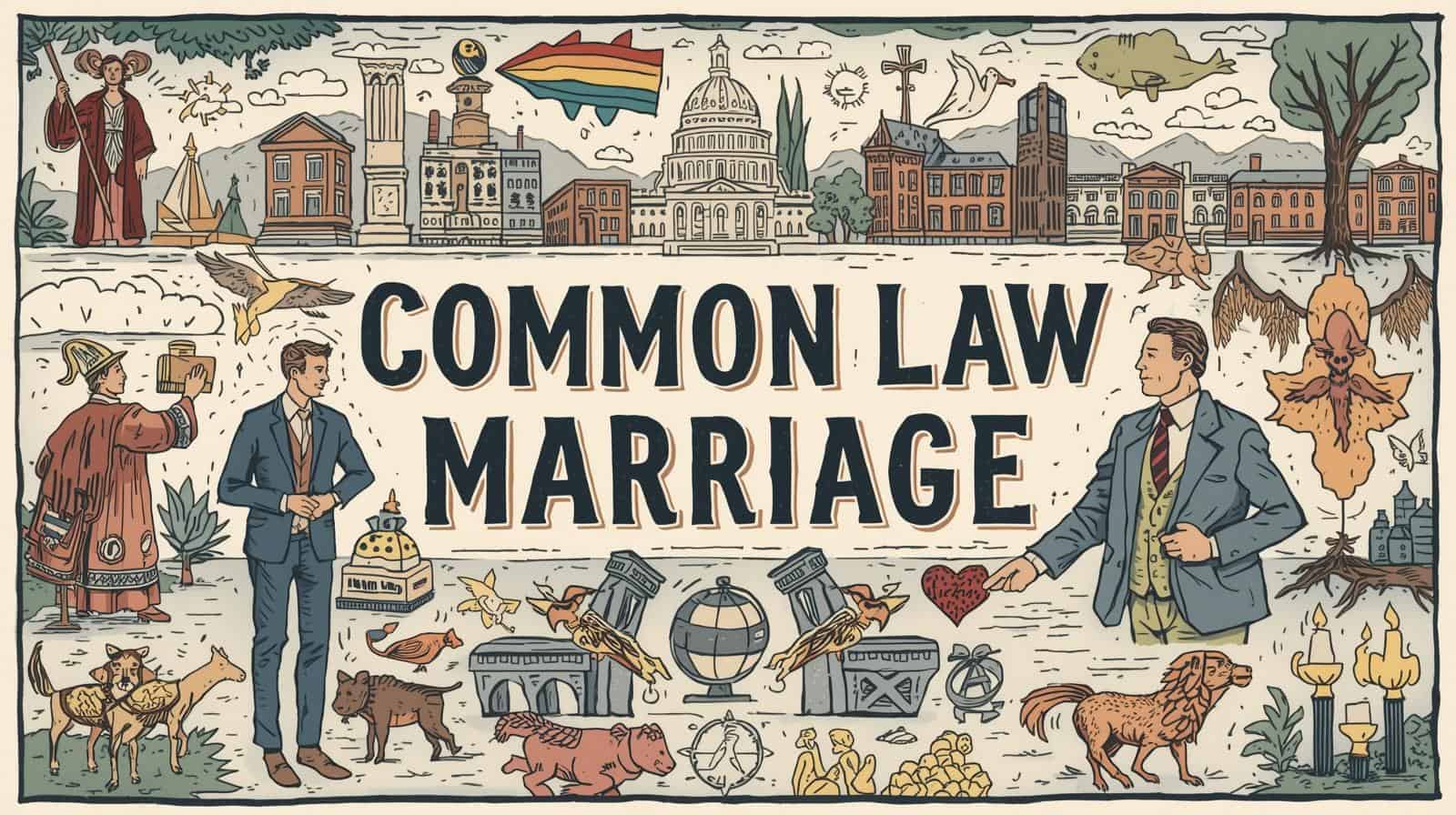 Illustration depicting common law marriage in Delaware with symbolic legal imagery, courthouse buildings, and balanced scales of justice.