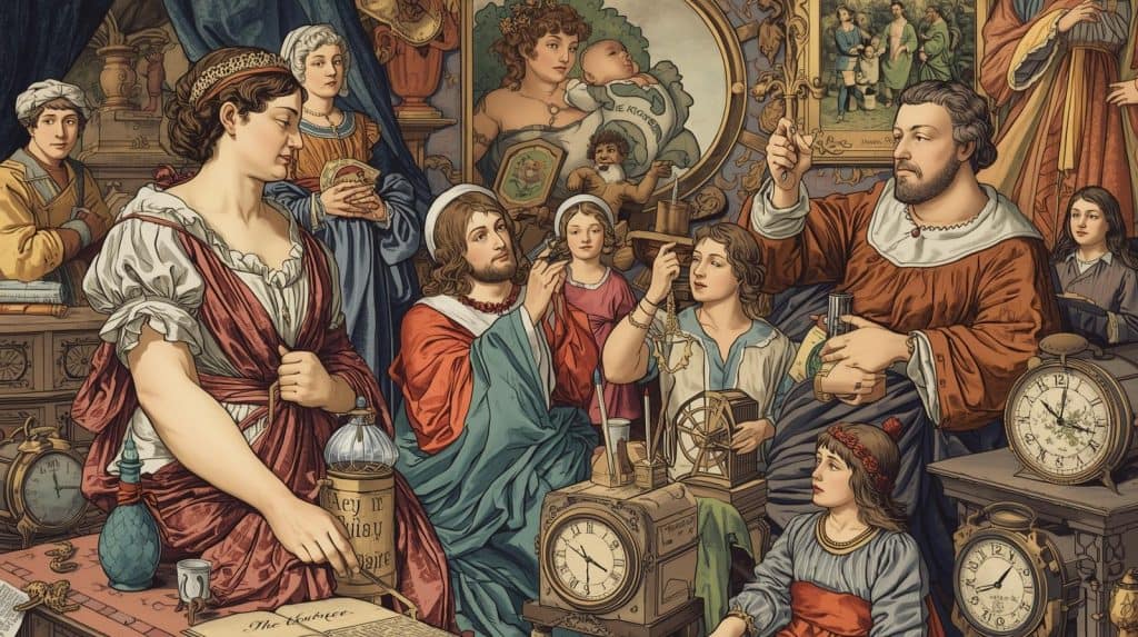 Illustration showing people in historical attire symbolizing relationships and time, representing how to establish a common law marriage in Delaware.