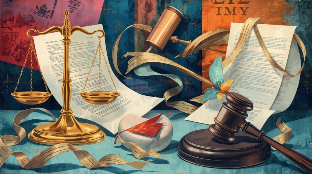 Legal documents, scales of justice, and gavel symbolizing common law marriage in Delaware.