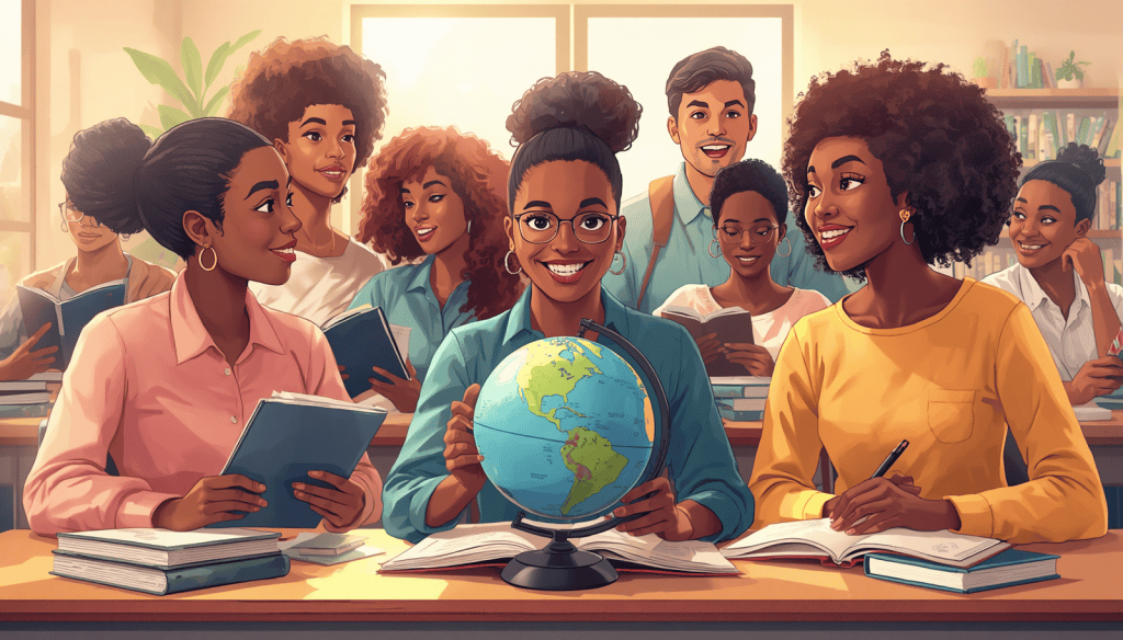 Core Curriculum to Look For Classroom illustration of diverse students with books and a globe for education law programs.