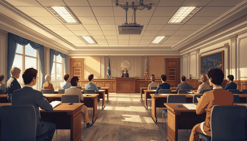 Examples of U.S. Education Law Program Models Mock courtroom classroom scene representing practical training in education law programs.