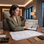 Architekt porównujący wizualizację 3D łazienki z próbnikiem materiałów i projektem technicznym