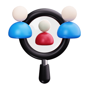 Magnifying glass focusing on a red person icon with two blue person icons on either side, symbolising lead targeting and audience segmentation.