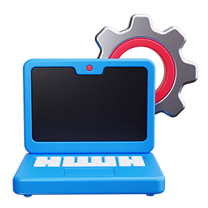 Blue laptop with cogwheel icon representing digital marketing tools and lead generation solutions.