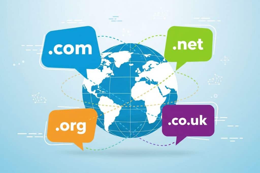 .com and .net domain extensions surrounding a global digital network illustration.