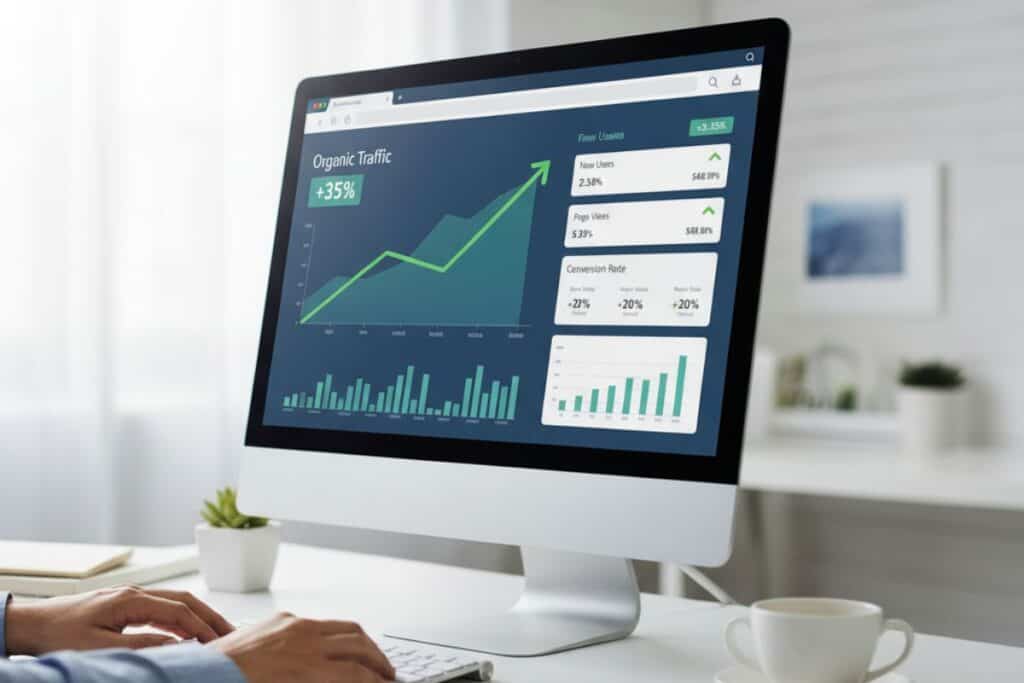 Analytics dashboard on computer showing organic traffic growth representing what makes a good website that delivers results