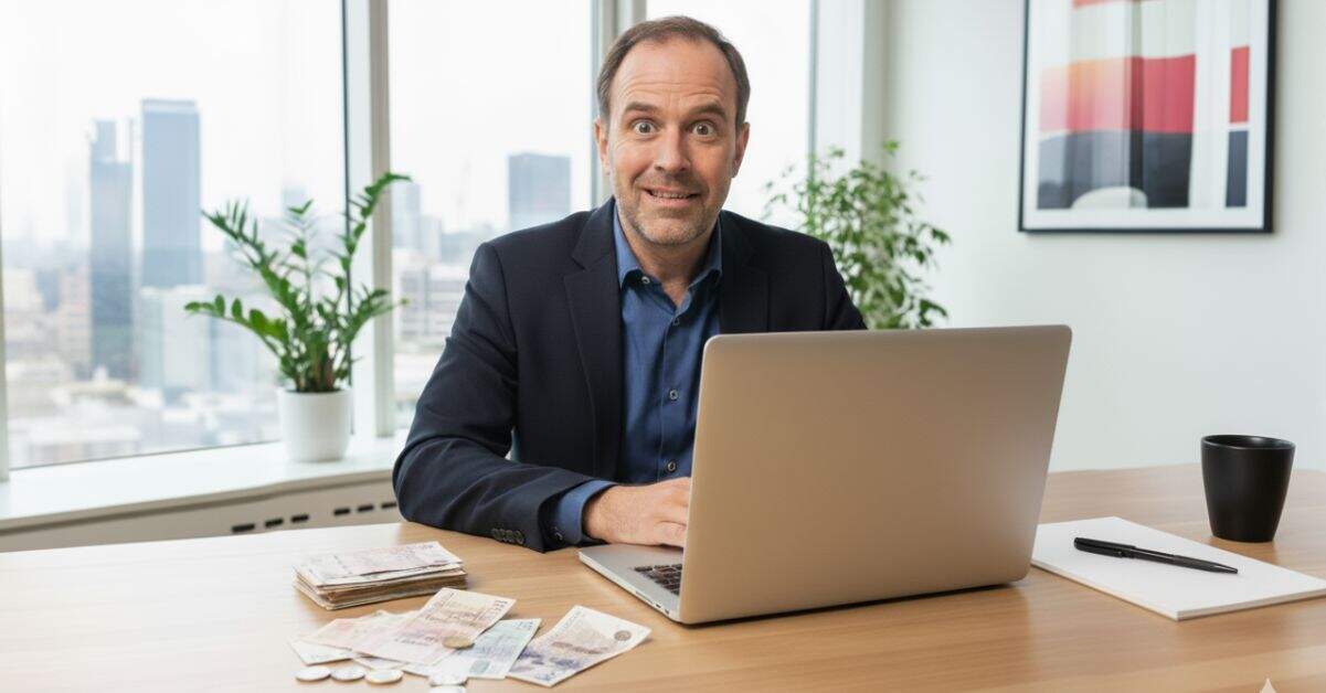 Business owner at laptop with money on desk representing website maintenance costs