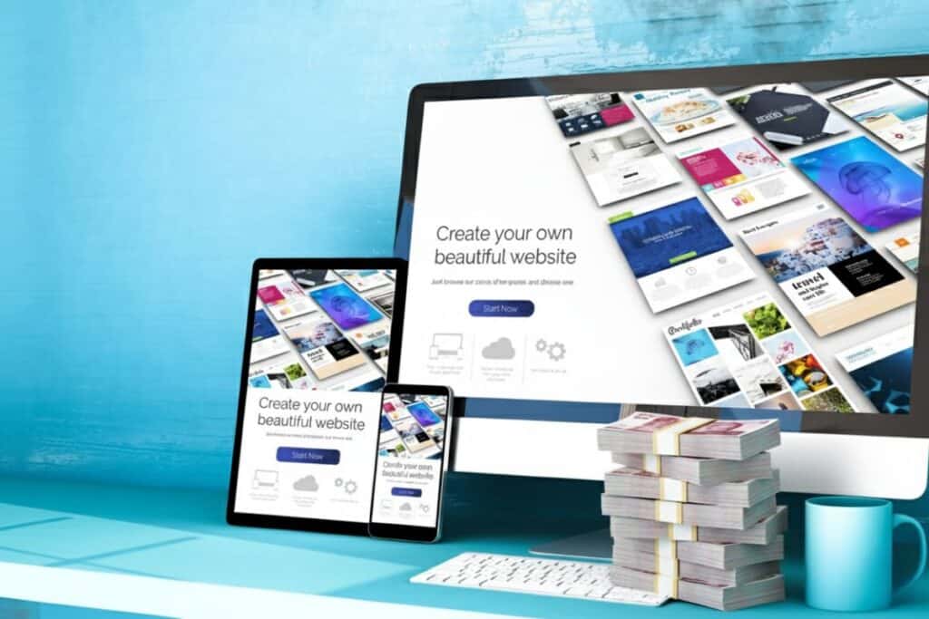 Create your own beautiful website displayed on multiple digital devices with stacks of money and stationery in a bright modern workspace, showcasing website building and digital marketing services.